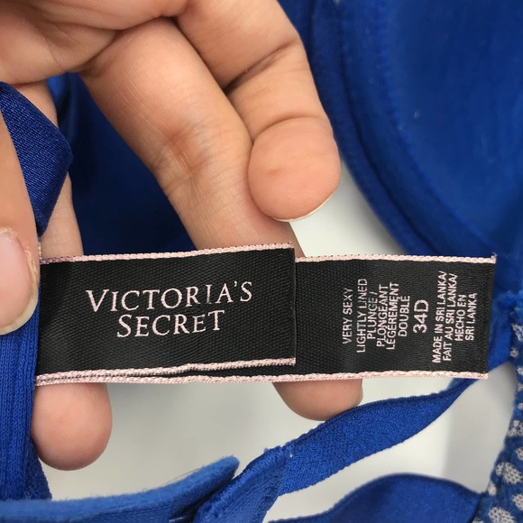 Victorias Secret Very Sexy Lightly Lined Plunge Bra Beige Blue Lace Sz 34D Wired - Picture 8 of 12